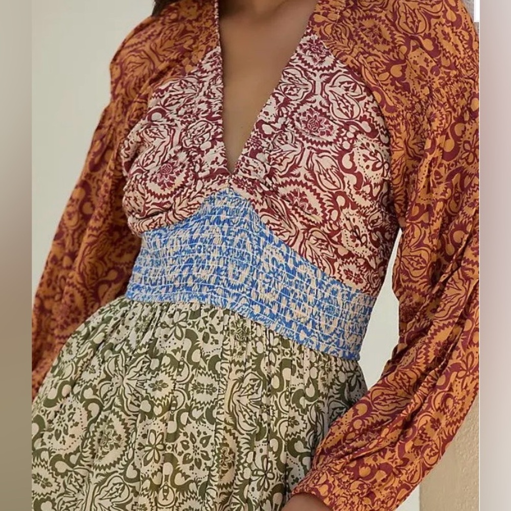 Mahila boho mixed print tiered maxi dress v-neck, smocking festival cottagecore - Picture 2 of 11